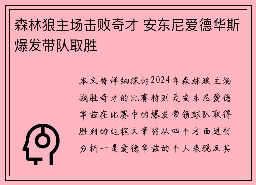 森林狼主场击败奇才 安东尼爱德华斯爆发带队取胜