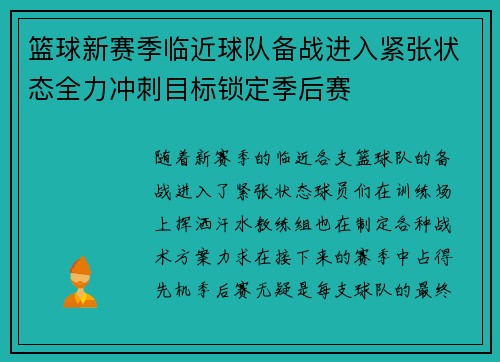 篮球新赛季临近球队备战进入紧张状态全力冲刺目标锁定季后赛