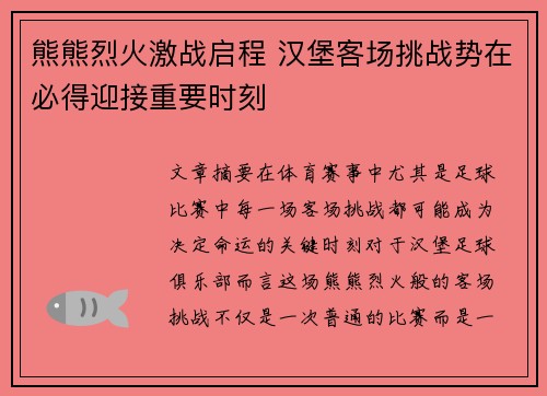 熊熊烈火激战启程 汉堡客场挑战势在必得迎接重要时刻