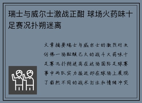 瑞士与威尔士激战正酣 球场火药味十足赛况扑朔迷离