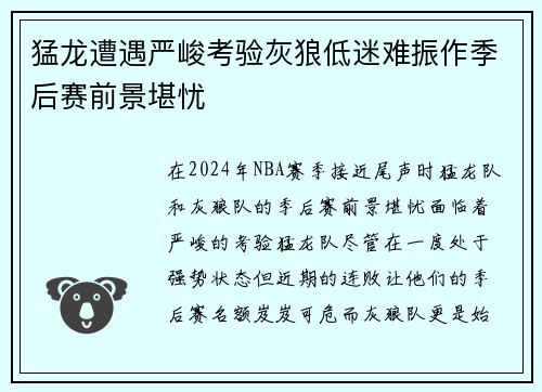 猛龙遭遇严峻考验灰狼低迷难振作季后赛前景堪忧