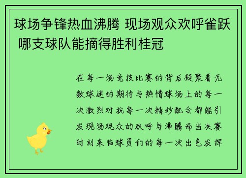 球场争锋热血沸腾 现场观众欢呼雀跃 哪支球队能摘得胜利桂冠